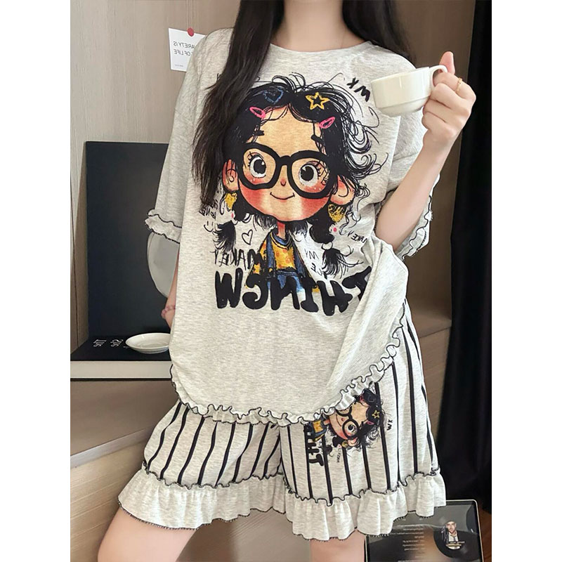 夏季新款少女卡通风睡衣短袖圆领条纹花边短裤家居服两件套可外穿 到手价¥39.90