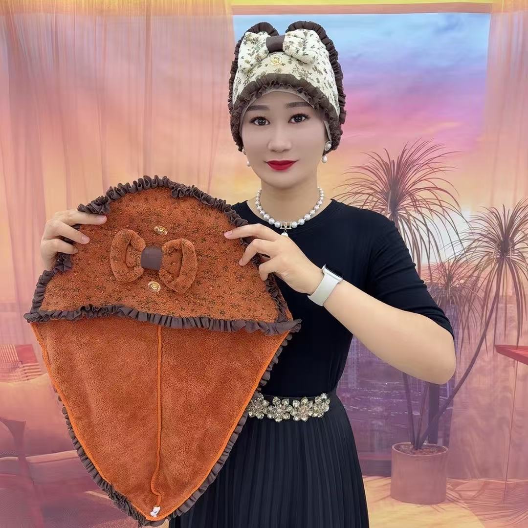 （优质版)干发巾法式印花花边珊瑚绒可爱吸水速干发帽 图片 4