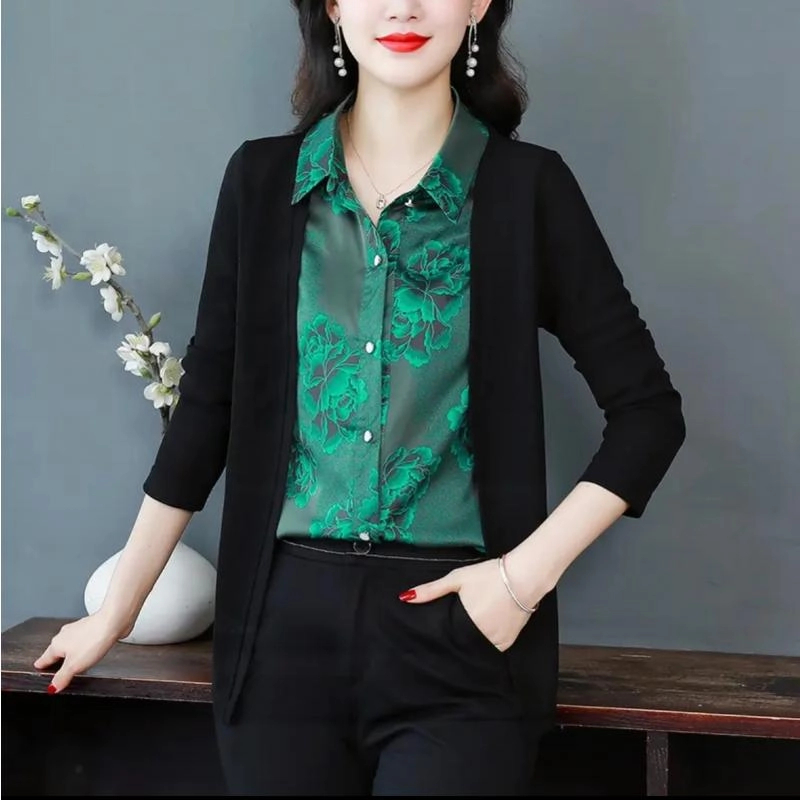 （退货补运费）高档春装假两件衬衫女妈妈装长袖拼接印花开衫 到手价¥29.90