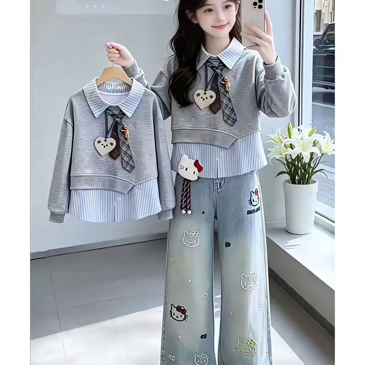 【活力满满·学院风～】女童假两件翻领卫衣牛仔裤两件套加厚套装 到手价¥39.99