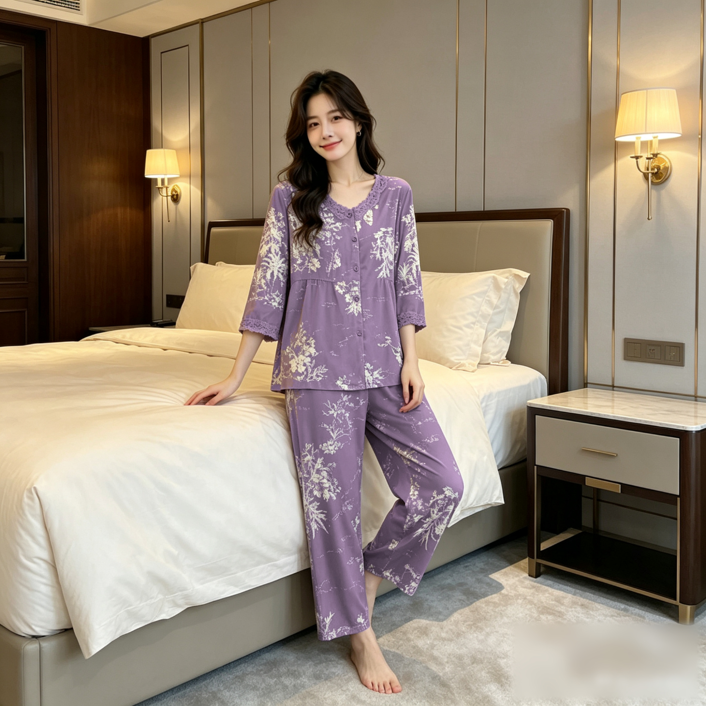 睡衣女款2026新款法式带胸垫秋七分袖长裤套装女有口袋睡衣女夏季 到手价¥39.90