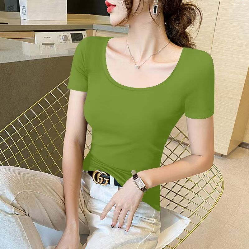 【狂甩】时尚设计u领短款显瘦短袖正肩t恤女夏装百搭修身不规则KS 到手价¥10.99