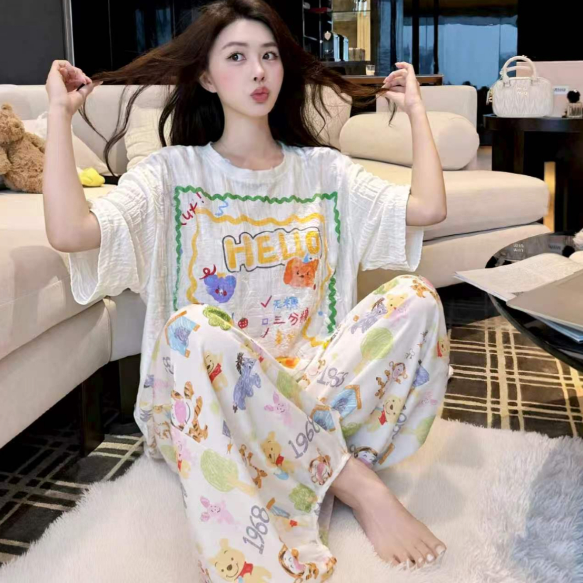 带胸垫睡衣女款夏季短袖长裤薄款少女两件套宽松家居服外穿 到手价¥23.90