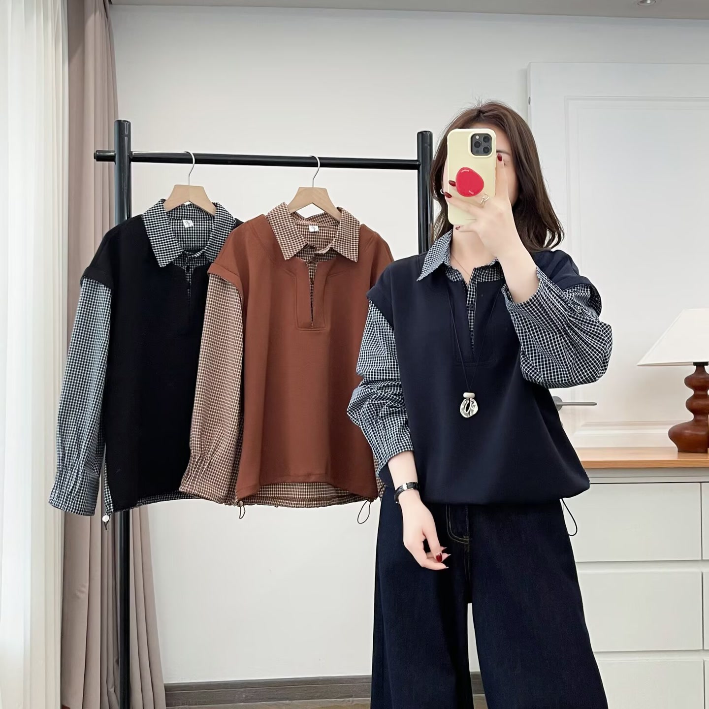 大码胖mm时尚减龄拼接假两件翻领卫衣女春季新款宽松遮肚上衣2602 到手价¥79.90