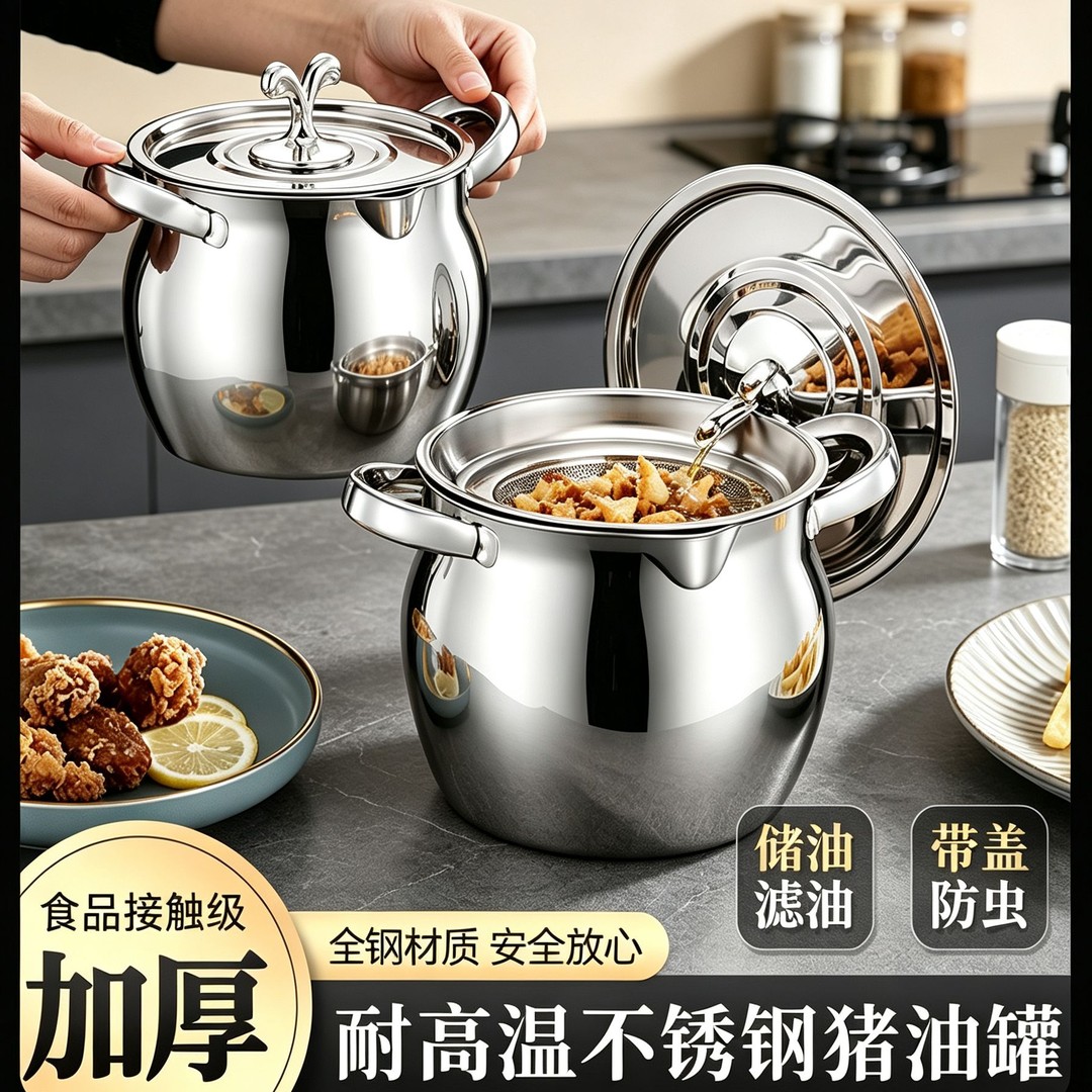 不锈钢加厚带盖带滤网猪油桶猪油罐双耳猪油锅家用耐高温大容量 到手价¥29.90