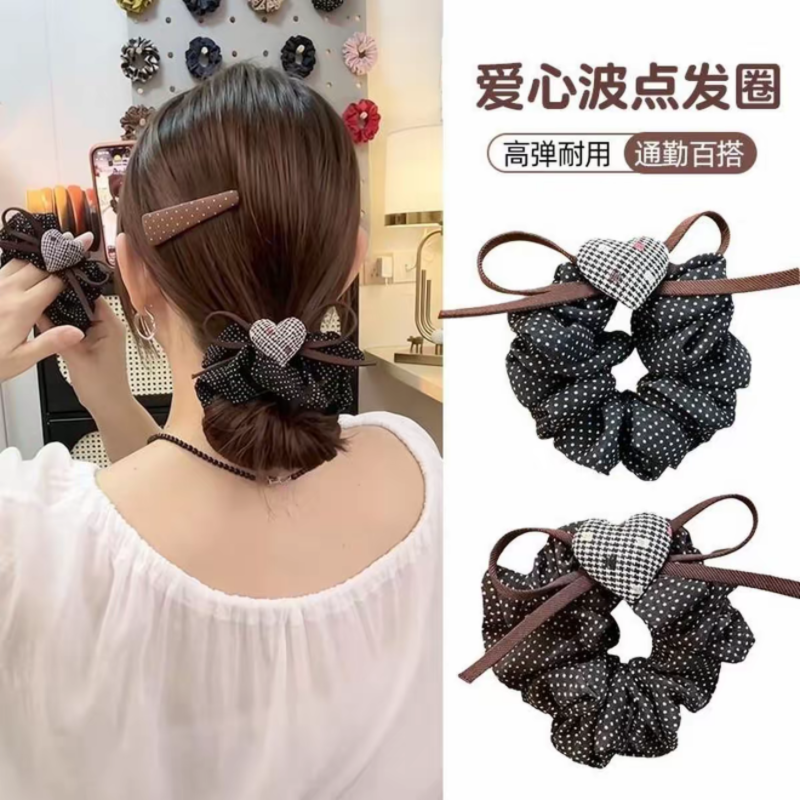 韩系波点蝴蝶结发圈高级感爱心发绳高弹力耐用扎马尾丸子头绳头饰 到手价¥6.90