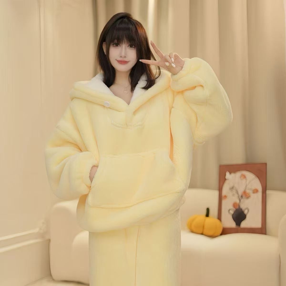 X1001连帽睡衣女秋冬季新款加厚保暖休闲可外穿套头家居服套装 到手价¥29.90