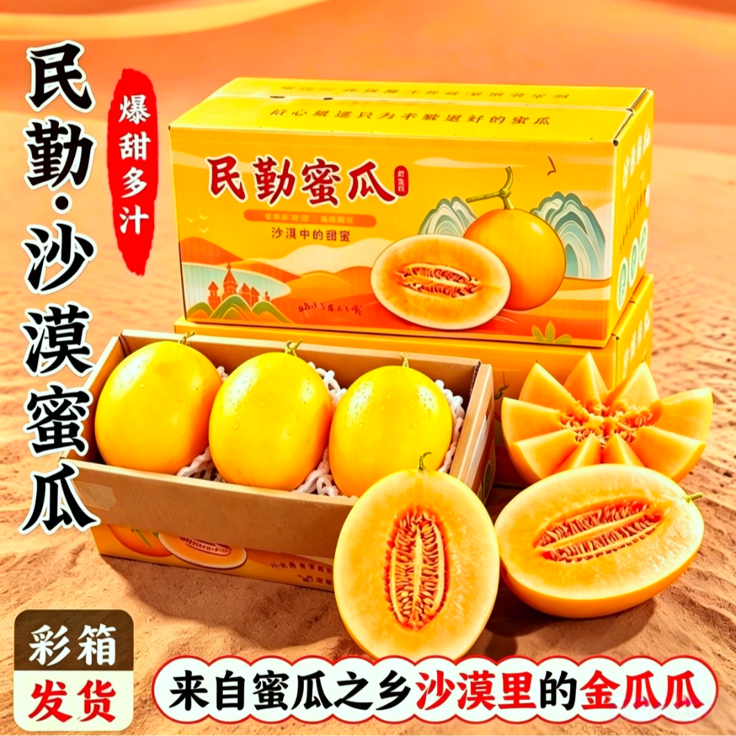 甘肃民勤沙漠蜜瓜【17.9发净重8-9斤】沙漠里的金瓜瓜彩箱发货 到手价¥11.90