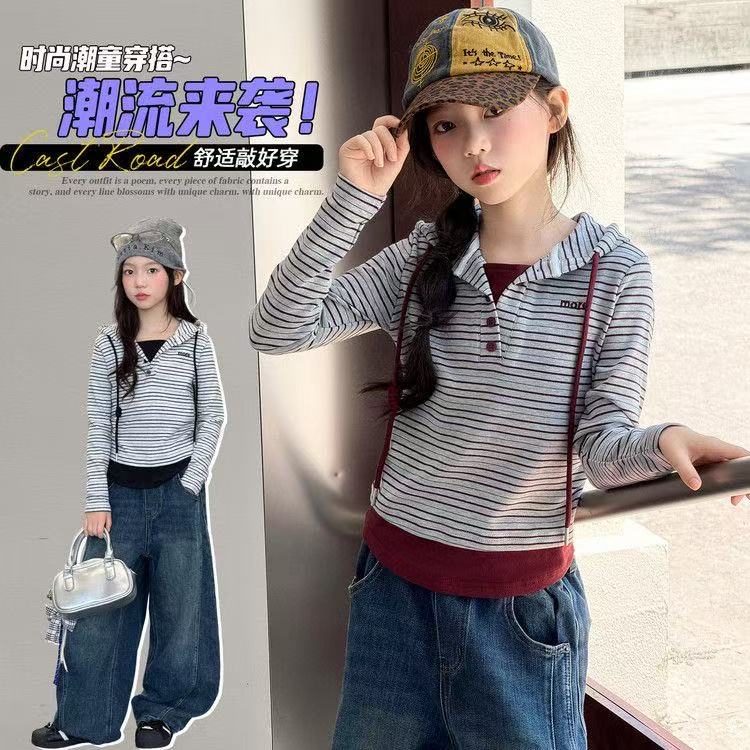 现货~2026新款韩版女童条纹连帽假两件时髦洋气卫衣15960 到手价¥23.90