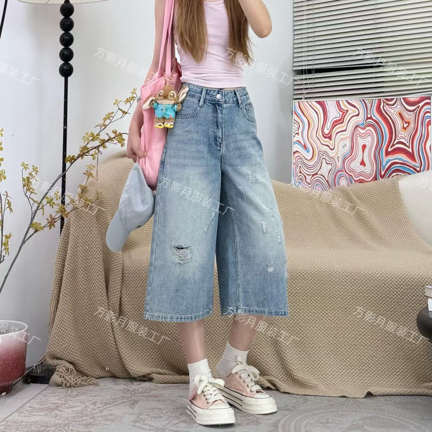 夏季新款高腰显瘦百搭破洞中裤时尚宽松阔腿牛仔裤女韩版七分裤 到手价¥59.99