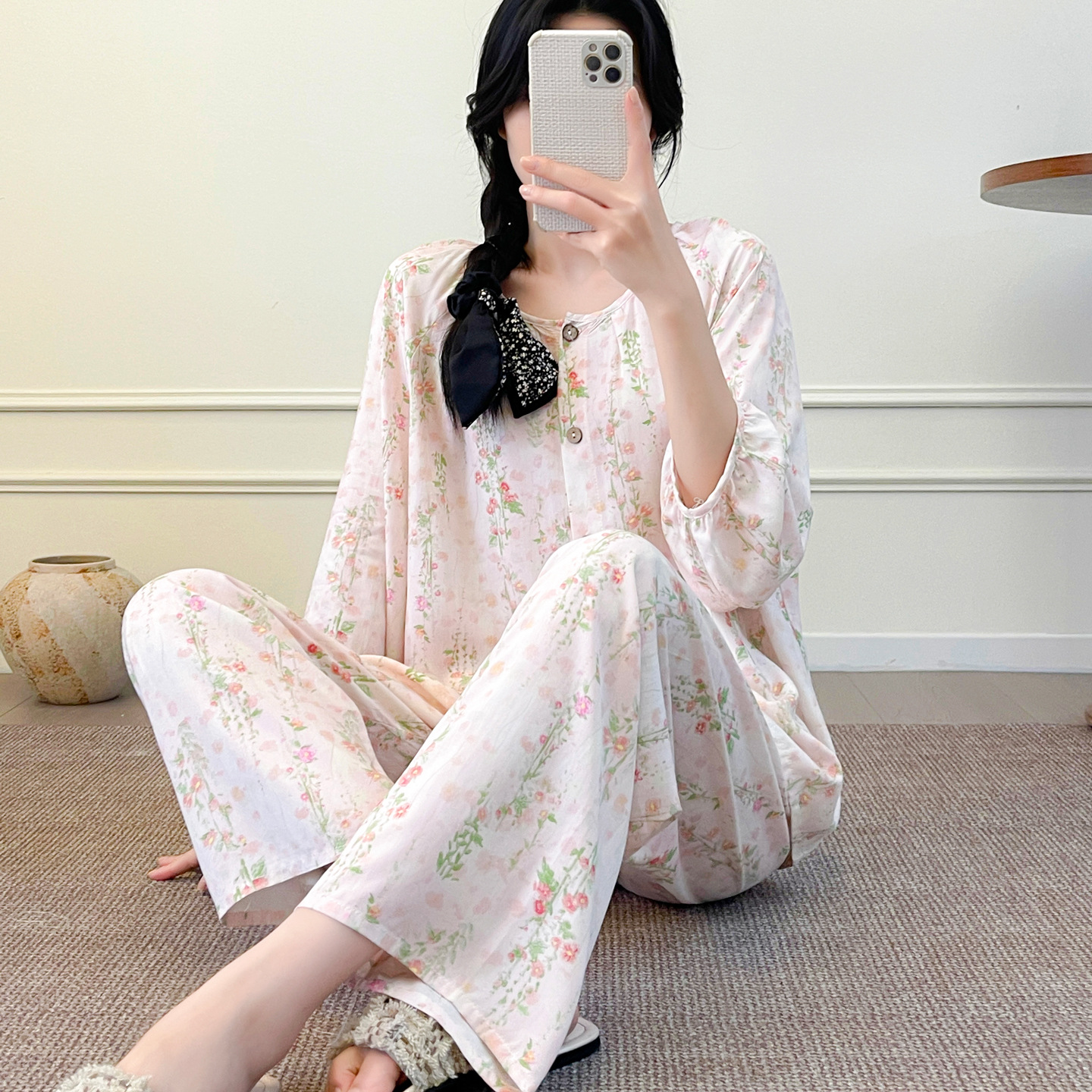 棉绸睡衣新家居服开衫睡衣女套装夏季圆领空调服百搭落肩袖可外穿 到手价¥39.90