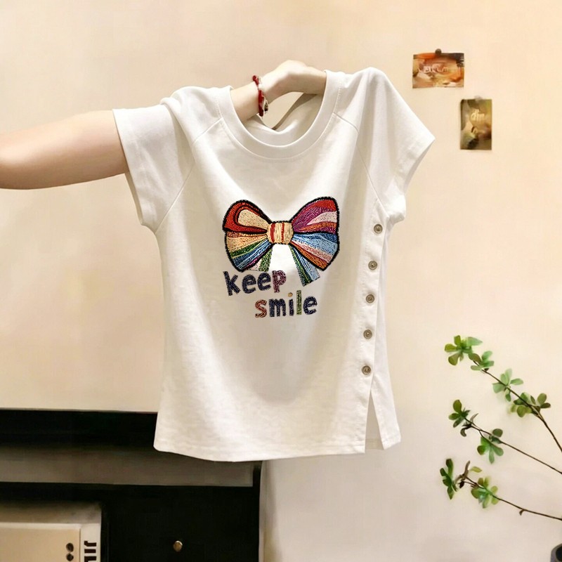 【精选品质】简约风白色纽扣开叉短袖T恤女夏百搭显瘦设计感上衣 到手价¥29.90