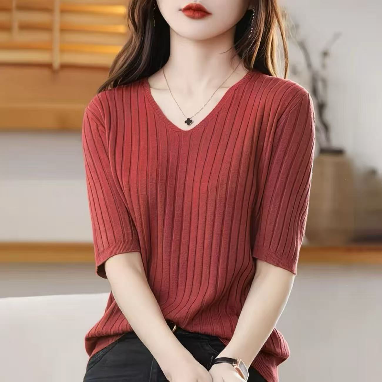 【琦琦专属】简约V领针织短袖女坑条T恤纯色半袖鸡心领打底【ZP】 到手价¥19.90