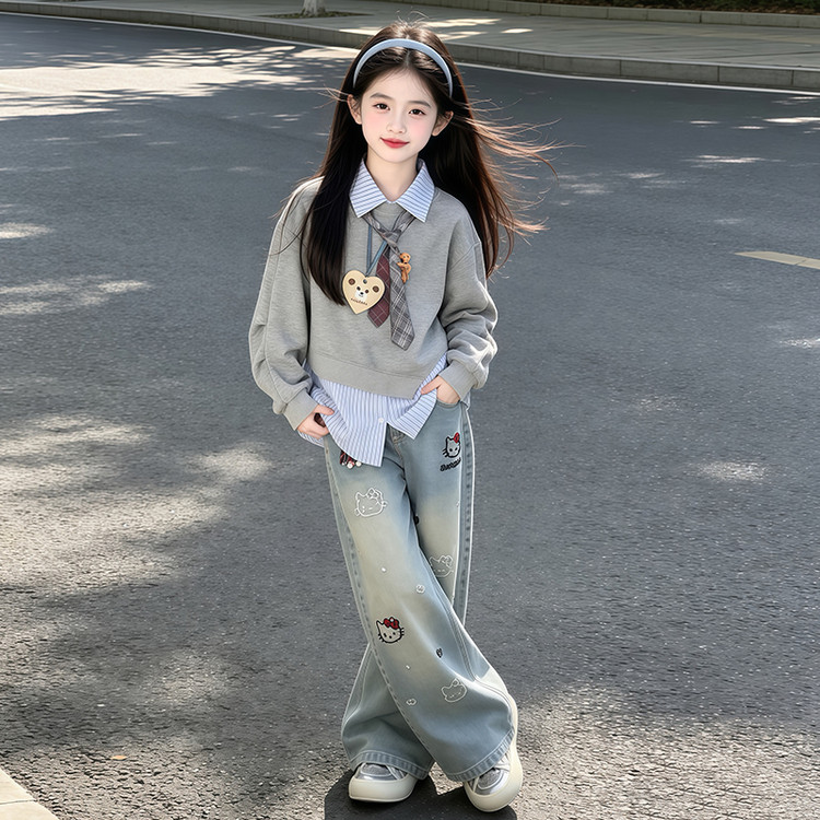 2026秋季女童学院风假两件浅灰条纹衬衫卫衣KT猫时髦阔腿裤两件套 到手价¥49.99