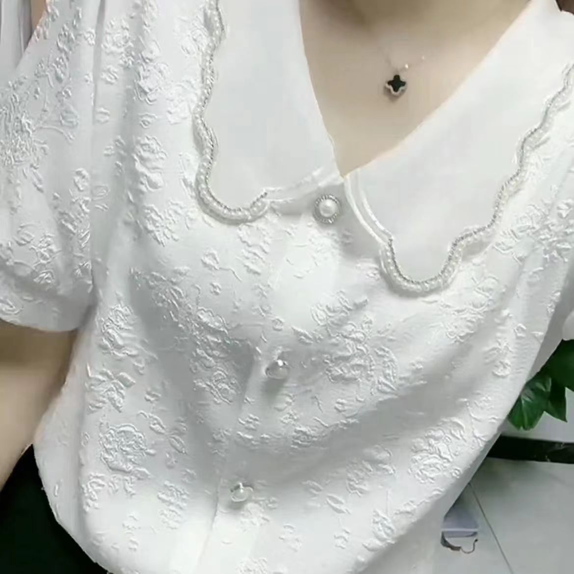新款蝴蝶珍珠领短袖小衫套头漂亮减龄衬衫气质上档次提花显瘦T恤 到手价¥29.90