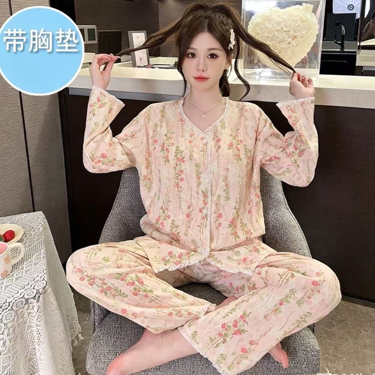 3502 带胸垫秋季长袖甜美家居服套装T8 到手价¥29.90
